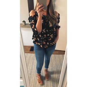 Cold shoulder dark teal floral blouse